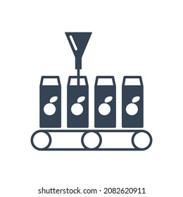Industria de bebidas con icono negro vectorial, jugo de botella, transportador de embalaje