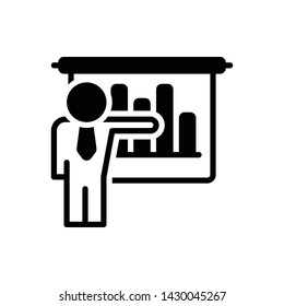 Vector black icon for businessman presenting bars graphic