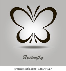 Vector black icon with butterfly on a gray background with shadow and the inscription
