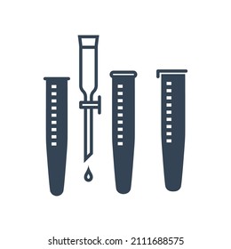 Equipo de laboratorio químico de ícono negro de vectores, bebidas y alimentos, industria médica, tubo de ensayo, cuentagotas