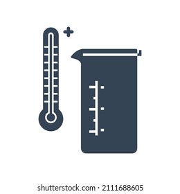 Vector black icon chemical laboratory equipment, beverages and food, medical industry, beaker, thermometer