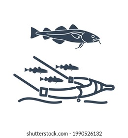 Vector black icon cod in a fishing net, trawl
