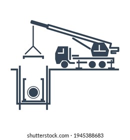 Vector black icon construction, repair and maintenance sewerage, water supply, truck crane