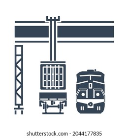 Vector black icon container crane loading on railway, railroad freight car, wagon, locomotive