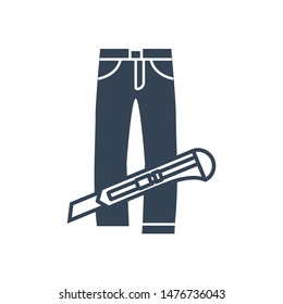 Vector black icon cutting jeans, trousers using cutter, knife