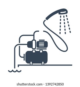 vector black icon electric water pump, pipe, shower