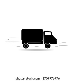 
Vector black icon. Fast delivery of any goods, freight. Truck at high speed.