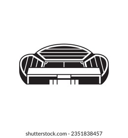 Vector black icon of football stadium with rounded stands on white background. Soccer symbol.