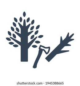 Vector black icon forestry and silviculture, cutting tree, axe