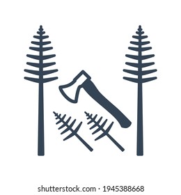 Vector black icon forestry and silviculture, cutting tree, axe