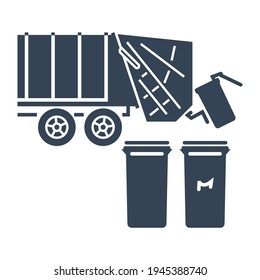 Vector black icon garbage truck, recycle bins, trash cans