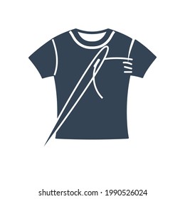 Vector black icon garment industry, tailoring, clothing repair, T-shirt, needle
