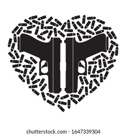 Un corazón negro vectorial compuesto por dos armas y balas dispersas. Aislado sobre fondo blanco.
