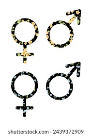 Vector black icon of men and women with pattern of flowers. The design is created for printing, décor, design, websites.