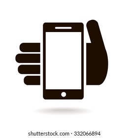 Vector black icon of mobile phone in hand isolated