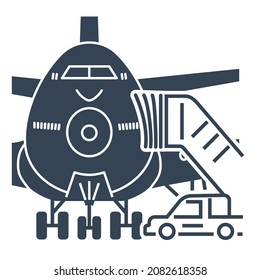 Vector black icon passenger airplane, ladder to the entrance of the aircraft, gangway