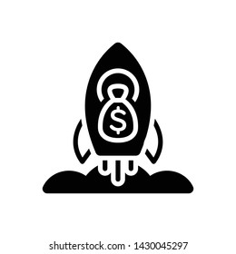 Vector black icon for rocket space ship with money bag of dollars
