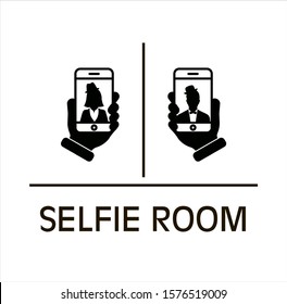 Vector black icon for selfie booth. Monopod Selfie stick with empty frame for text. Selfie zone. Display with female and male silhouette. Web icon on isolated background. 