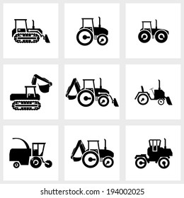Vector black icon set combine and tractors