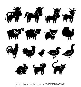 Vector Black Icon Set of Farm Animals Isolated on White Background