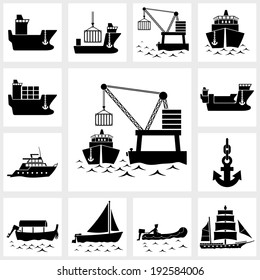 Vector black icon set ship and boat