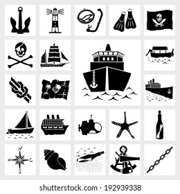 Vector black icon set ship and boat