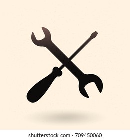 Vector Black Icon - Setting and Options Symbol. Crossed Wrench and Screwdriver