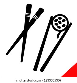 Vector black icon of sushi sticks on white background. Silhouette, illustration, drawing, symbol.