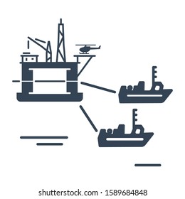 Vector black icon towing gas and oil rig platform, tugboat