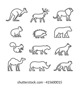 Vector black icons african and australian animals on white background.