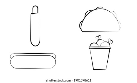 Vector black icons - car fast delivery of food or food truck, set of icons of various fast food products