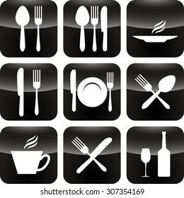 Vector black icons dining room set | Black glossy wine icon | coffee icon | tea icon | canteen black icon set | food icon set | glossy restaurant icon