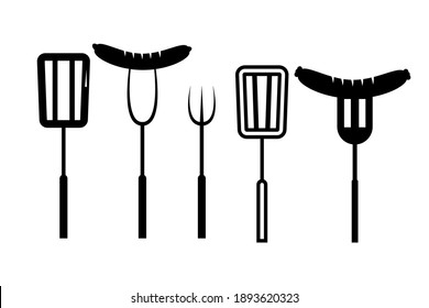 Vector black icons set barbeque grill. Bbq spatula, fork and sausage. EPS10 illustration isolated on white background
