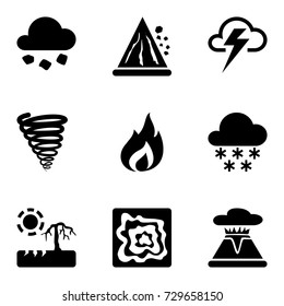 Vector black icons set with risks and dangers from natural disasters, which are taken into account in the insurance of housing.