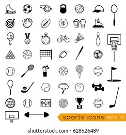 Vector black icons: sports equipment