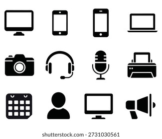 Vector Black Icons of Technology and Communication Devices. Digital device and media icons set technology communication illustration
