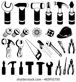 Vector black illustration of different hand work tool icons, construction business
