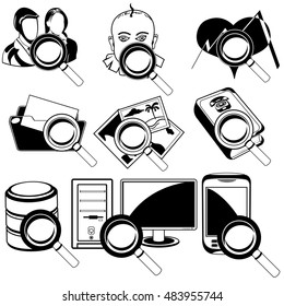 Vector black illustration of different magnifying icons - people, computer, data and documents