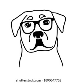 Vector black illustration of a dog dog face with glasses isolated on a white background