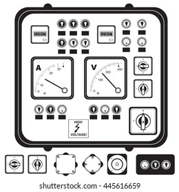 Vector black illustration of electric control panel with elements: fuse, switch, indicator light 