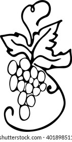 Vector black illustration of grapes on white. Bunch of grapes on white background. 