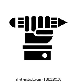 Vector black illustration of a hand holding a pencil - glyph style design