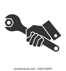 vector black illustration of hand holding wrench. tighten a nut.Vector Wrench and Hand Icon