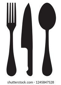 Vector black illustration of Knife, fork and spoon on white