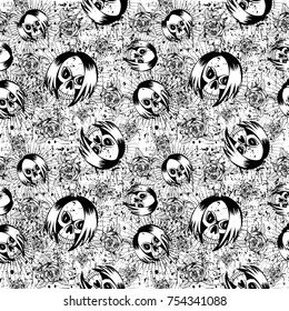 Vector black illustration skull girl and roses on grunge backdrop. Seamless background. For t-shirt design or print on textile.