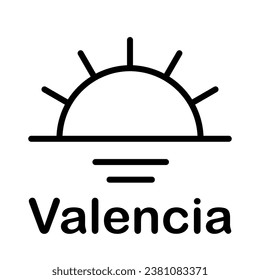 Vector black illustration of the sun during sunset on the sea isolated on a white background with lettering Valencia