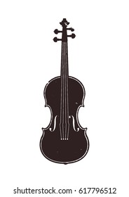 Vector black illustration of violin on white background. Element for design for musical theme. Grunge, shabby, scribble style. Element for greeting card, poster, logo. Black and white colors.