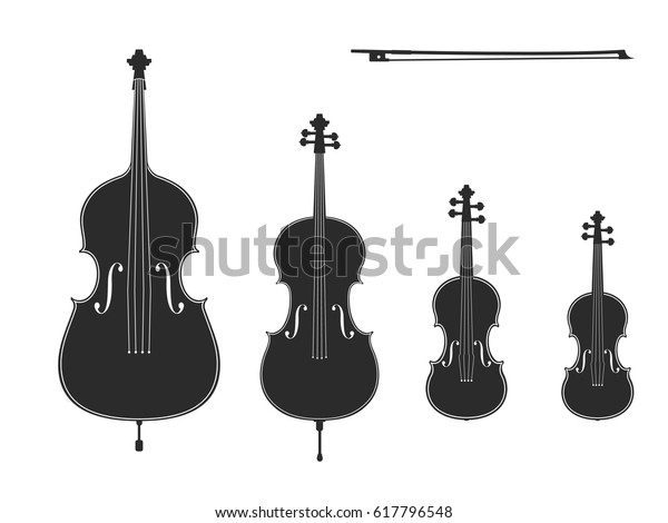 Vector black illustrations\
collection on white background. Violin, viola, cello, contrabass,\
bow. Elements for design for musical theme. Black, white colors.\
