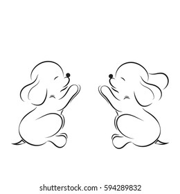 Vector black image two cute puppy isolated on white background