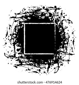 Vector black ink blot with brush strokes and square frame with space for text, isolated on the white background. Graphic illustration. Series of elements for design, splash, blots and brush strokes.